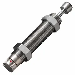 Steel industrial shock absorber with 9.8 N force rating. Used to decelerate moving loads and absorb kinetic energy in automation, packaging, material handling, and conveyor systems.