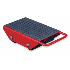 Fixed machine roller with four rollers and a rubber-padded top plate. Deck height is 4 3/4 inches. Dimensions: 8 1/4 inches long by 11 7/8 inches wide. Red finish. Used for moving heavy machinery and equipment in industrial settings.