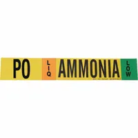 Ammonia adhesive pipe marker for liquid (LIQ) phase, low pressure level. Fits pipe outside diameter 8 inches and larger. Supplied without directional arrows. Includes 1 marker per pack. Used for identifying ammonia piping in industrial refrigeration systems