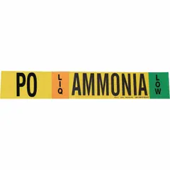 Ammonia adhesive pipe marker for liquid (LIQ) phase, low pressure level. Fits pipe outside diameter 8 inches and larger. Supplied without directional arrows. Includes 1 marker per pack. Used for identifying ammonia piping in industrial refrigeration systems.