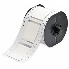 Polyolefin sleeve label roll with white matte finish. Each label measures 1-1/2 in x 2 in and accommodates wire gauges from 1 AWG to 8 AWG. Compatible with i3300 printer series. Used for wire identification and marking in electrical panels, machinery, and control systems.