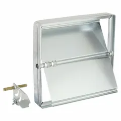 Rectangular manual balancing damper constructed from steel. Includes a locking manual quadrant for airflow regulation. Designed for horizontal mounting with a maximum air velocity of 2000 fpm. Used in HVAC ductwork to control air volume in ventilation systems.