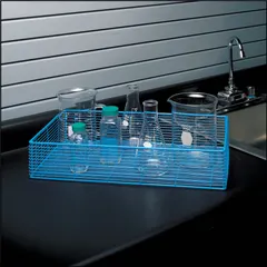 This steel wire basket mesh is designed as a storage rack for organizing laboratory equipment and supplies. Its open mesh construction allows airflow and visibility, making it suitable for storing glassware, tools, or samples. Overall dimensions: 11 in width, 3 1/2 in height, 20 in length.