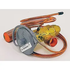 Thermostatic expansion valve for regulating refrigerant flow into evaporators based on superheat. Used in commercial HVAC and refrigeration systems such as chillers, rooftop units, and split systems to maintain precise temperature control.
