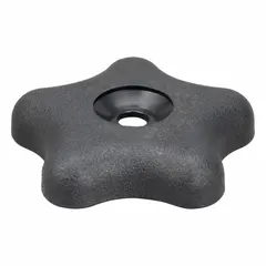 This five-arm knob features a plastic body with a steel thread insert and a 1/4"-20 thread size. The snap-lock design allows for quick manual adjustment and secure locking. Commonly used in jigs, fixtures, and panel fastening for hand-tightening applications.