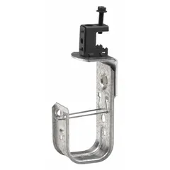 This beam mount J-hook is constructed from galvanized steel with a silver finish. It features a clamp-on attachment with a locking latch for secure mounting on beams, and supports 360° horizontal rotation for flexible cable routing. The J-hook accommodates a maximum bundle diameter of 1 1/4 inches, suitable for supporting low-voltage cables such as data, telecom, or security wiring in commercial and industrial settings.