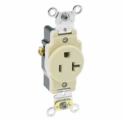 General purpose single receptacle rated 125V AC and 20A with NEMA 5-20 configuration. Ivory finish, 2-pole/3-wire grounding. Suitable for dedicated 20-amp circuits in commercial or industrial environments to power equipment and tools.