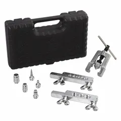 Flaring and swaging kit for creating 45-degree flares and swage connections on tubing. Includes FSX501 flaring bar for tubing sizes 1/8 in, 3/16 in, 1/4 in, 5/16 in, 3/8 in, and 7/16 in O.D. Accommodates 9 tubing sizes total. Used in HVAC, refrigeration, and plumbing for joining copper, aluminum, or brass tubing.