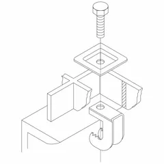 Clip assembly for securing fiberglass grating to support structures. Made of 316 stainless steel for corrosion resistance. Fits support thickness of 3/8 in. Used in industrial environments where reliable fastening is required.