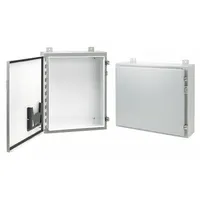 This steel enclosure measures 36 x 30 x 10 inches and is rated NEMA 12/13 for protection against dust, dirt, and non-corrosive liquids. It features a solid hinged cover with clamp closure. Knockouts are not included. Typical applications include housing electrical controls and components in industrial environments such as manufacturing plants and processing facilities