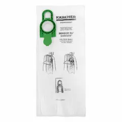 Dry-pickup cloth vacuum bag with 3-ply HEPA construction. Designed for Karcher upright vacuums compatible with part number 9.877-937.0. Suitable for capturing fine dust and allergens in commercial and industrial cleaning applications.