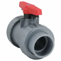 CPVC straight ball valve with socket x socket connections and locking tee handle. Rated for 235 psi CWP. Used for on/off flow control in piping systems handling corrosive fluids.