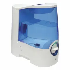 This warm mist steam portable humidifier features a tabletop housing with a bottle design, delivering a daily humidification output of 1.9 gallons. It is suitable for adding moisture to indoor air in residential or light commercial spaces, helping to relieve dry air symptoms and protect wood furnishings. The unit operates on standard household power.