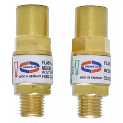 Regulator-mount flashback arrestor set for oxygen and fuel gas service. Features CGA 021 (Fuel) connection with 3/8"-24 thread size. Used in gas welding and cutting systems to prevent reverse gas flow.