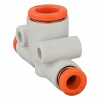 This SMC tee fitting is made of polybutylene terephthalate (PBT) and features push-fit installation for tool-free connection of pneumatic tubing. It is used to create a branch in tubing lines, enabling efficient layout in air systems. The fitting accommodates tube outer diameters of 5/32 in, 5/32 in, and 1/4 in