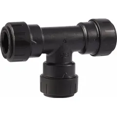 Polymer twist-release push-to-connect tube fitting with swivel coupling design. Enables tool-free installation and removal for joining tubes in plumbing branch connections. Suitable for use in potable water and hydronic heating systems.