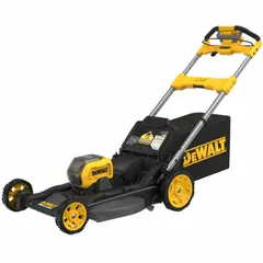 Battery-powered lawn mower with a 21 in steel deck and variable speed settings. Single-point cutting height adjustment. Powered by the FLEXVOLT battery platform, providing up to 75 minutes of run time. Kit includes one battery. Suitable for residential grass cutting on medium to large yards.