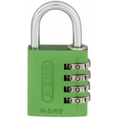 TSA approved scrolling combination padlock with silver dial, green aluminum body, and steel standard shackle. Designed for securing suitcases and travel bags, allowing TSA agents to inspect baggage without damaging the lock.