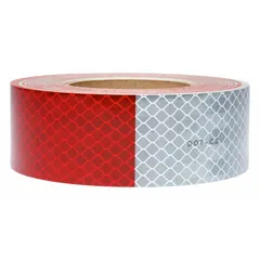 Red/white acrylic conspicuity reflective tape for trucks and trailers. Measures 2 inches wide by 50 yards long. White reflective color with acrylic adhesive for vehicle marking applications.