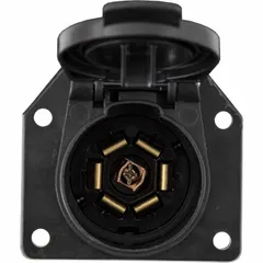 This 7-way trailer connector is constructed with a steel body and spring-loaded design for secure electrical connections between a tow vehicle and trailer. It is used for powering trailer lights, brakes, and turn signals in heavy-duty towing applications such as utility trailers and RVs.