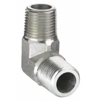 This rigid 90° elbow adapter connects two male NPTF-threaded components in hydraulic systems. Constructed of steel, it provides a leak-resistant coupling for fluid power applications. Fitting size is 3/4 in x 3/4 in with male x male NPTF threads