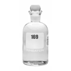 Colorless glass BOD bottle with narrow mouth and pennyhead stopper closure. 300 mL capacity, 165 mm height. Meets ASTM/USP standards. Used for biochemical oxygen demand testing in water and wastewater analysis.