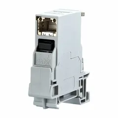 This rail-mount RJ45 connector module is designed for HDBaseT applications, supporting data, video, audio, and power transmission over a single Cat6 cable. It features an 8-pole female connector with a 90° angled orientation, insulation displacement connection for cable mounting, and a light gray zinc die-cast housing. Suitable for industrial automation, building management, and AV systems requiring a compact DIN-rail-mounted connection point.