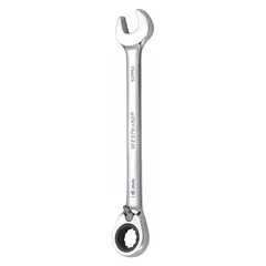 This metric 12-point ratcheting combination wrench features a 16 mm head size and an offset design for accessing recessed fasteners. The chrome finish resists corrosion, and the ratcheting mechanism enables faster tightening and loosening in confined spaces. Overall length is 8 1/8 inches.