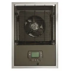 This large recessed electric wall heater delivers 4000 W of heating power at 240V AC, three-phase. It features a bronze grille and rough-in dimensions of 23-1/16 in x 14-1/4 in x 4-1/4 in. The unit includes an occupancy sensor and is programmable with an optional thermostat. Suitable for commercial or industrial spaces requiring permanent wall-integrated heating.