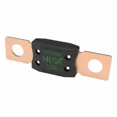 Two-bolt-hole, bolt-on time-delay fuse rated 125 A at 32 V DC. Designed for overcurrent protection in high-current automotive circuits, such as battery, alternator, and main power distribution in vehicles and heavy equipment.
