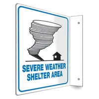 This sign is designed to mark designated shelter locations during severe weather events. It features an 8 in x 8 in size with mounting holes for installation. The sign is not retroreflective and does not glow in the dark