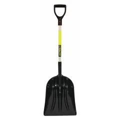 This standard scoop shovel features a plastic #12 blade with three ribs for added rigidity. The blade measures 19 inches in length and 14 1/4 inches in width. Suitable for moving bulk materials such as grain, sand, or snow in agricultural, industrial, and municipal settings.