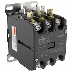 Three-pole, non-reversing definite purpose contactor with 3NO main pole contact form. Rated 40 A, 600V AC maximum voltage, with 120V AC coil. Box lug terminals for wiring; through-panel mounting. Suitable for switching loads in HVACR equipment such as compressors, fans, and pumps.