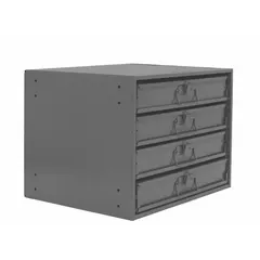 This large compartmented-box cabinet from DURHAM MFG features four sliding drawers, each with 24 compartments for organizing small parts and hardware. The cabinet is gray, stackable, and comes fully assembled. Drawer inside dimensions are 3 in x 18 in x 12 in. Suitable for industrial workshops, maintenance facilities, and assembly lines where sorted storage of fasteners and tools is required.