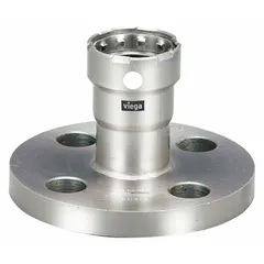 This press-fit flange is designed for potable water systems, constructed in stainless steel with an FKM seal. It accommodates 3/4 in pipe size and is rated for a maximum operating pressure of 200 psi. Suitable for use in industrial plumbing applications requiring a reliable press-fit connection.
