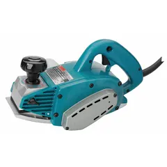 This corded hand planer operates on 120V AC with a 9.6 A motor delivering 15,000 RPM. It features a 4-3/8 in blade width and 3/16 in cutting depth for smoothing and shaping wood surfaces in carpentry and construction tasks such as trimming doors and fitting joints.