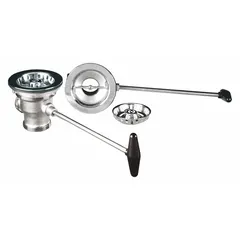 This sink drain assembly features a lever-activated stopper for controlling water flow and includes a strainer to catch debris. Made of nickel bronze with a nickel finish, it has a threaded connection for a 1-1/2 in pipe diameter and an overall diameter of 4-3/8 in. Suitable for use in sinks where corrosion resistance and a durable finish are required.