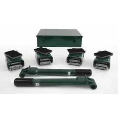 This machine roller kit includes four rollers with a 4 in L x 2 1/2 in W footprint and a 3 7/16 in deck height. The top plate features a rubber padded surface to protect equipment bases during transport. Two handles are included for maneuvering. Suitable for moving heavy machinery and equipment in industrial settings.