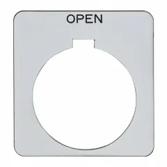 Square non-metallic plastic legend plate for 30 mm panel mounting. Features white English text on black background with open notch. Overall height and width 1 13/16 in. Used to label push-button stations in industrial control panels.