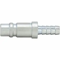 This steel quick-connect air coupling plug is designed for industrial interchange systems, providing a secure connection in compressed air lines. The 3/8 in male hose barb fitting allows direct attachment to hose ends. Commonly used with pneumatic tools and air hoses in manufacturing and maintenance settings.