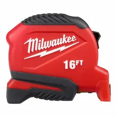 This 16 ft SAE tape measure features a plastic housing in black/red and a blade marked in 1/16 in increments. It includes a nonmagnetic single hook tip, a finger brake, and a manual lock. Suitable for linear measurements in construction, carpentry, and maintenance tasks.