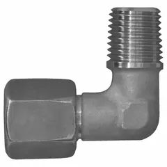 This flareless bite-type compression fitting elbow connects 8 mm OD tubing to a 1/4 in male NPT port. Made of stainless steel, it provides a leak-tight, vibration-resistant seal in hydraulic, pneumatic, and instrumentation systems.