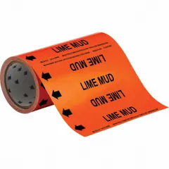 Orange adhesive pipe markers with black legend text reading 'Lime Mud' and directional arrows. Each roll contains 30 markers designed for pipes with an outer diameter of 2 inches and smaller. Used for identifying lime mud lines in industrial piping systems.