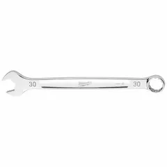 Chrome-finished steel combination wrench with a 30 mm 12-point box end and open end. Overall length 15-3/8 in. Used for tightening or loosening metric fasteners in industrial maintenance, automotive repair, and mechanical assembly.