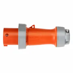 Washdown-rated pin and sleeve plug for industrial environments requiring water resistance. Rated 125/250V AC, single phase, 60 A, with 3 poles and 4 wires, featuring IEC grounding. Suitable for use in food processing, washdown areas, and heavy-duty manufacturing.