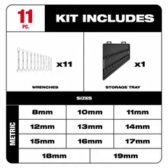 This 11-piece metric combination wrench set from MILWAUKEE features a chrome finish for corrosion resistance. The 12-point design provides a secure grip on hex fasteners. Head sizes range from 8 mm to 22 mm. Suitable for tightening and loosening nuts and bolts in mechanical assembly and maintenance tasks.