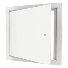This latching access door is constructed from 12 ga steel with a white finish. It features a concealed hinge and exposed flange for wall mounting. Typical applications include providing secure access to mechanical, electrical, or plumbing systems behind walls in commercial or industrial settings.