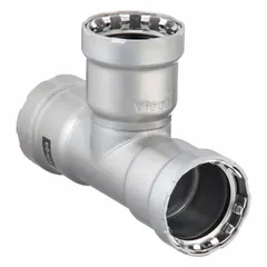 Steel press tee fitting with EPDM sealing for creating branch connections in piping systems. Connects 1-1/2 in pipe x 1-1/2 in pipe x 1/2 in pipe. Used in commercial plumbing, HVAC, and industrial applications requiring reliable, leak-free joints.