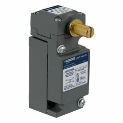 This rotary-motion limit switch from the 9007C series features a plug-in design with 1 normally open and 1 normally closed contact. It offers 45° pretravel and 90° total travel in a metallic body style X. No actuator is included. Typical applications include position sensing on rotating machinery such as conveyors, packaging equipment, and material handling systems.