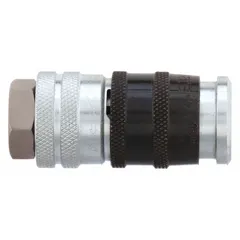 Industrial interchange steel quick-connect air coupling body with 1/2"-14 female thread and push-to-connect locking. Used for connecting air lines in pneumatic systems, manufacturing, and assembly operations. Compatible with 1/2 in hose fittings.